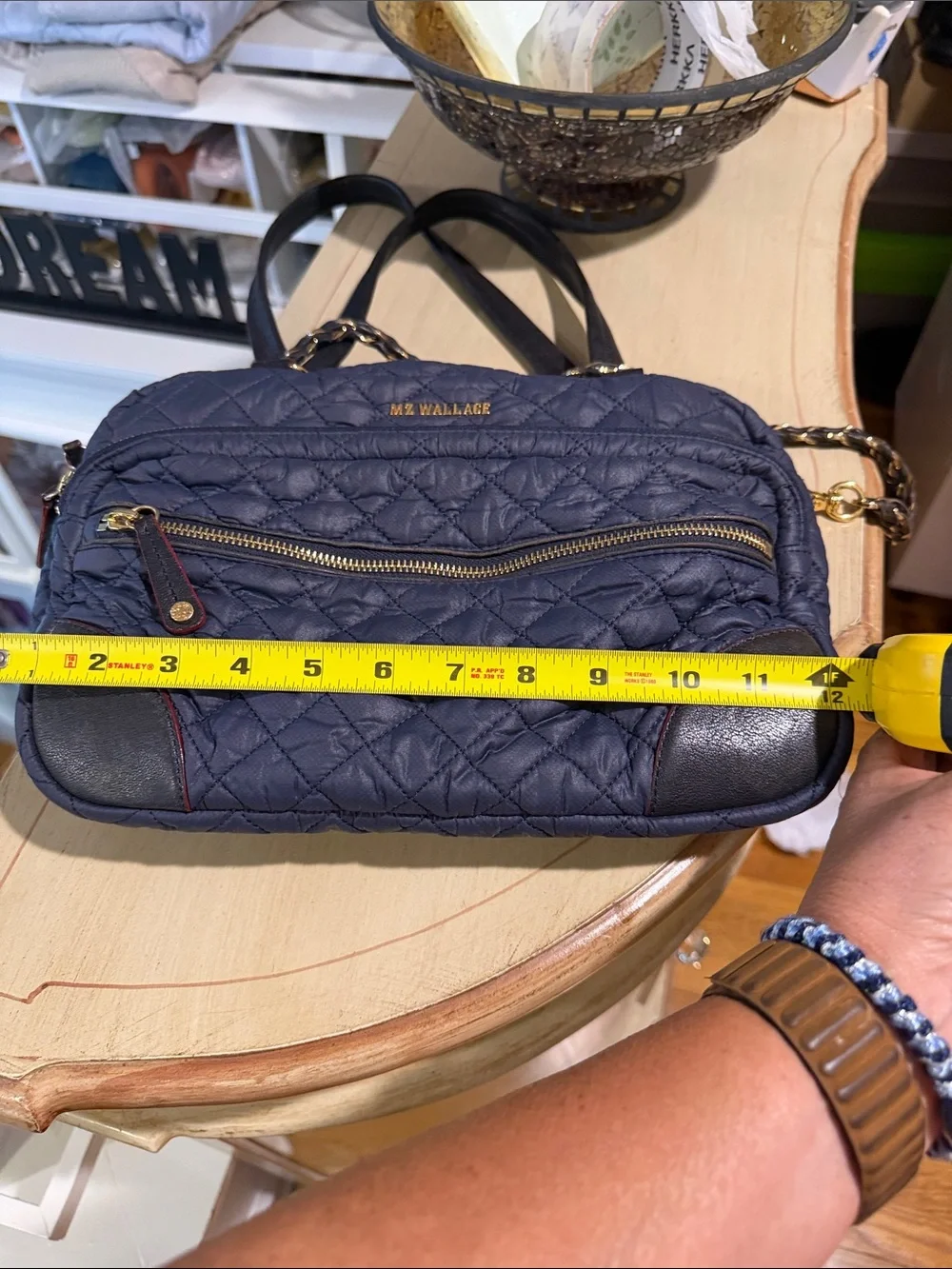 MZ Wallace Navy Quilted Shoulder Bag with Black Straps